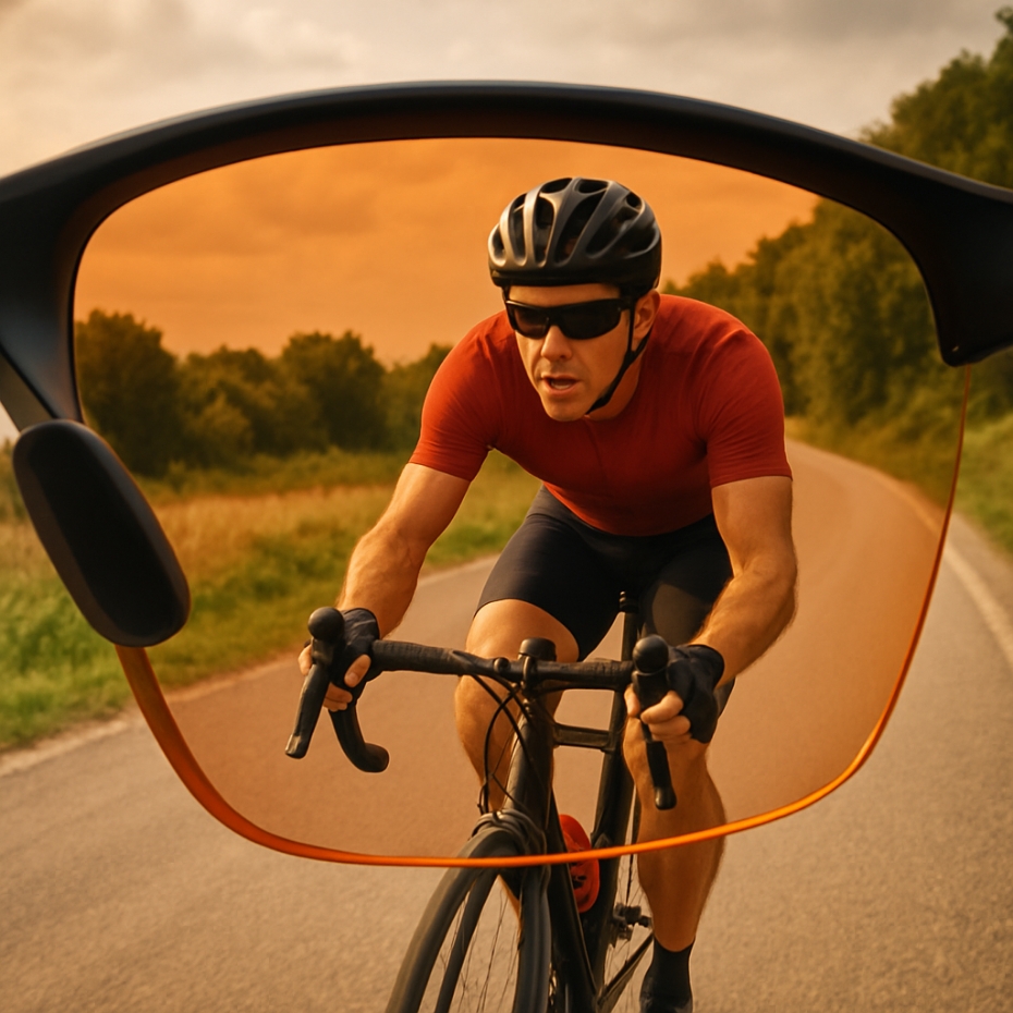Blick durch Sportbrillenglas: Mann auf Fahrrad.